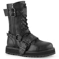 outer side view of black vegan leather 1 1/2" platform Lace-up front With harness strap on the side, Ornamental metal zipper at the outer side with 2 buckle straps. And inside metal zip closure