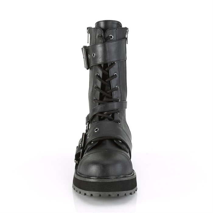 front side view of black vegan leather 1 1/2" platform Lace-up front With harness strap on the side, Ornamental metal zipper at the outer side with 2 buckle straps. And inside metal zip closure