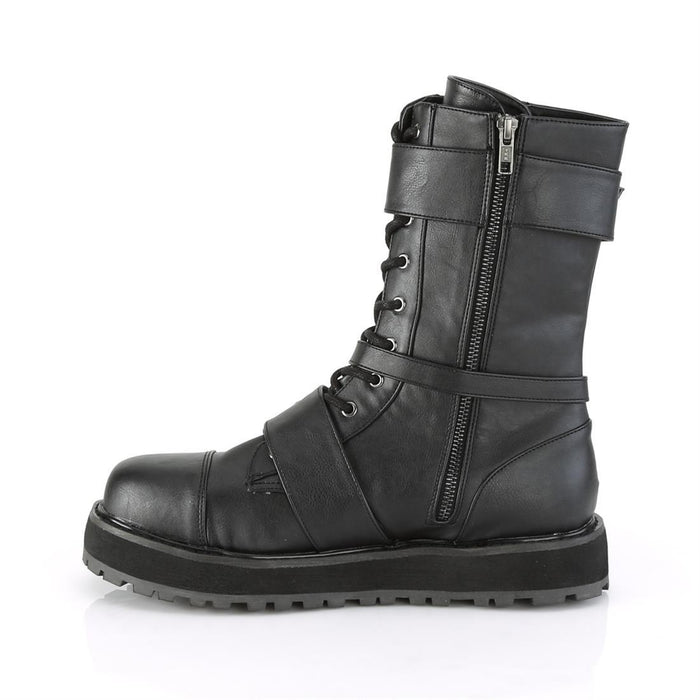 inner side view of black vegan leather 1 1/2" platform Lace-up front With harness strap on the side, Ornamental metal zipper at the outer side with 2 buckle straps. And inside metal zip closure