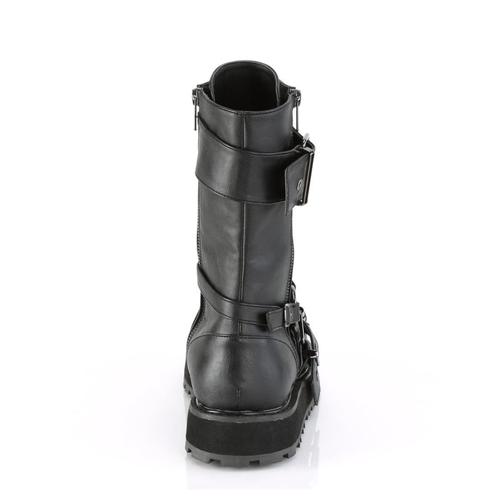 back side view of black vegan leather 1 1/2" platform Lace-up front With harness strap on the side, Ornamental metal zipper at the outer side with 2 buckle straps. And inside metal zip closure