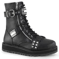 outer side view of black vegan leather 1 1/2" platform Lace-up front Features adjustable top strap Silver chrome plated spiked plates at inner & outer sides & at center Outside & back metal zip closure