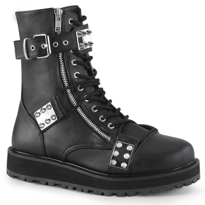 outer side view of black vegan leather 1 1/2" platform Lace-up front Features adjustable top strap Silver chrome plated spiked plates at inner & outer sides & at center Outside & back metal zip closure