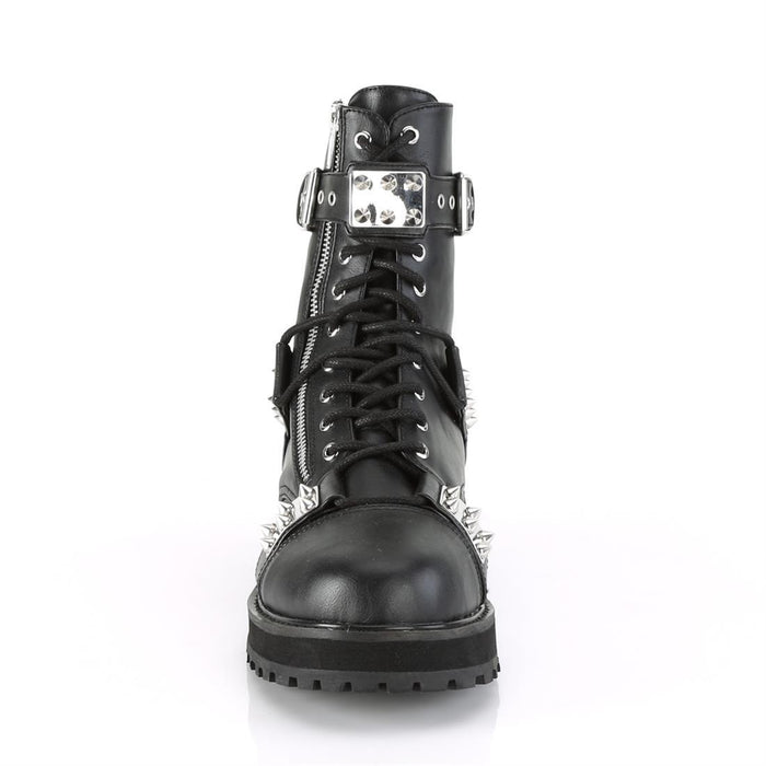 front side view of black vegan leather 1 1/2" platform Lace-up front Features adjustable top strap Silver chrome plated spiked plates at inner & outer sides & at center Outside & back metal zip closure