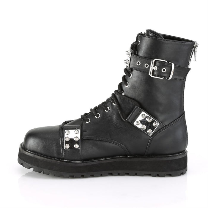 inner side view of black vegan leather 1 1/2" platform Lace-up front Features adjustable top strap Silver chrome plated spiked plates at inner & outer sides & at center Outside & back metal zip closure