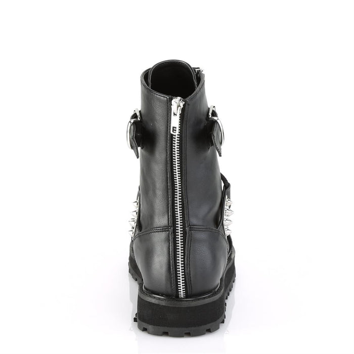 back side view of black vegan leather 1 1/2" platform Lace-up front Features adjustable top strap Silver chrome plated spiked plates at inner & outer sides & at center Outside & back metal zip closure