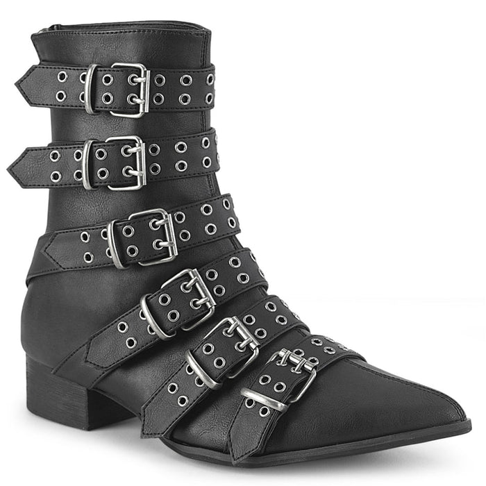 Black leather boots with multiple buckles on a white background