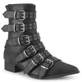 Black leather boots with multiple buckles on a white background