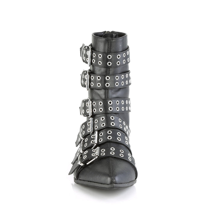 Black boot with multiple straps and eyelets on a white background