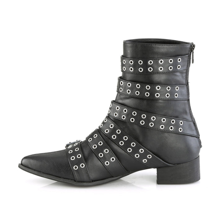 Black ankle boot with silver eyelets on a white background