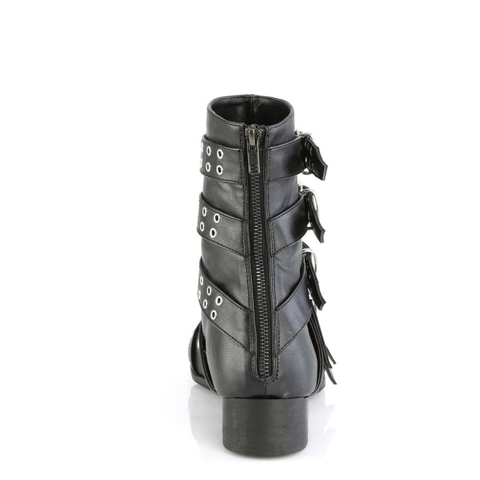 Black leather boot with eyelets and a zipper on a white background