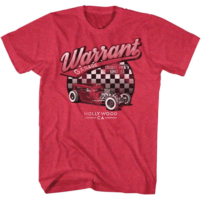heather red band shirt with warrant logo with hot rod car graphic and text that reads "garage cherry pick'n since '83 hollywood, ca"