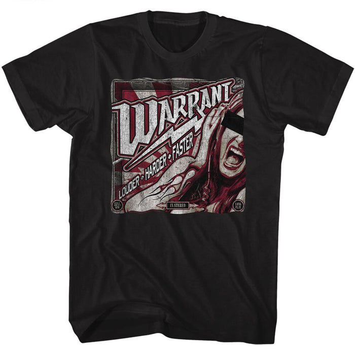 black band shirt with warrant logo and screaming woman graphic with text that reads "louder houder faster in stereo"
