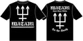 left side of picture is front of black band shirt with watain logo and black metal militia emblem. right side of picture is back of shirt , with text that reads "watain black metal militia to the death"