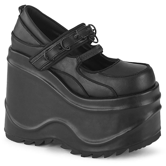 right side view of black leather 6" wedge platform  Mary Jane style Features elastic instep strap with hook & loop strap W/ cone spike stud & D-ring details