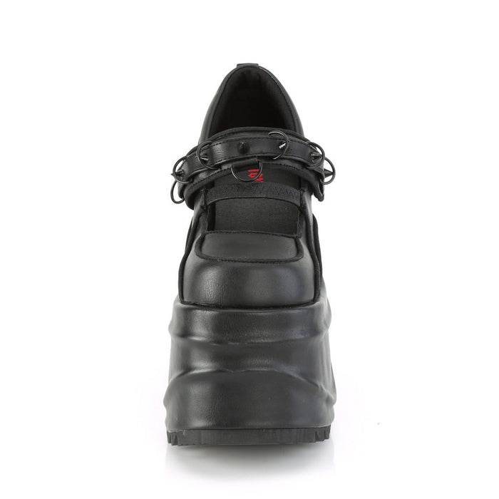 front side view of black leather 6" wedge platform  Mary Jane style Features elastic instep strap with hook & loop strap W/ cone spike stud & D-ring details