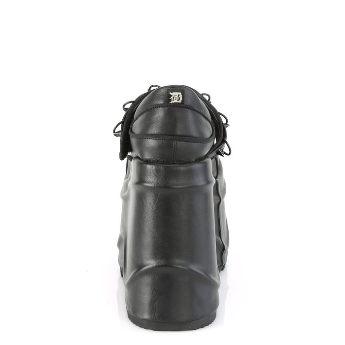 back side view of black leather 6" wedge platform  Mary Jane style Features elastic instep strap with hook & loop strap W/ cone spike stud & D-ring details