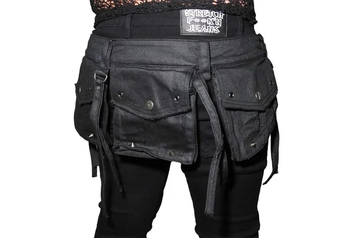 Model wearing a black utility belt on white background