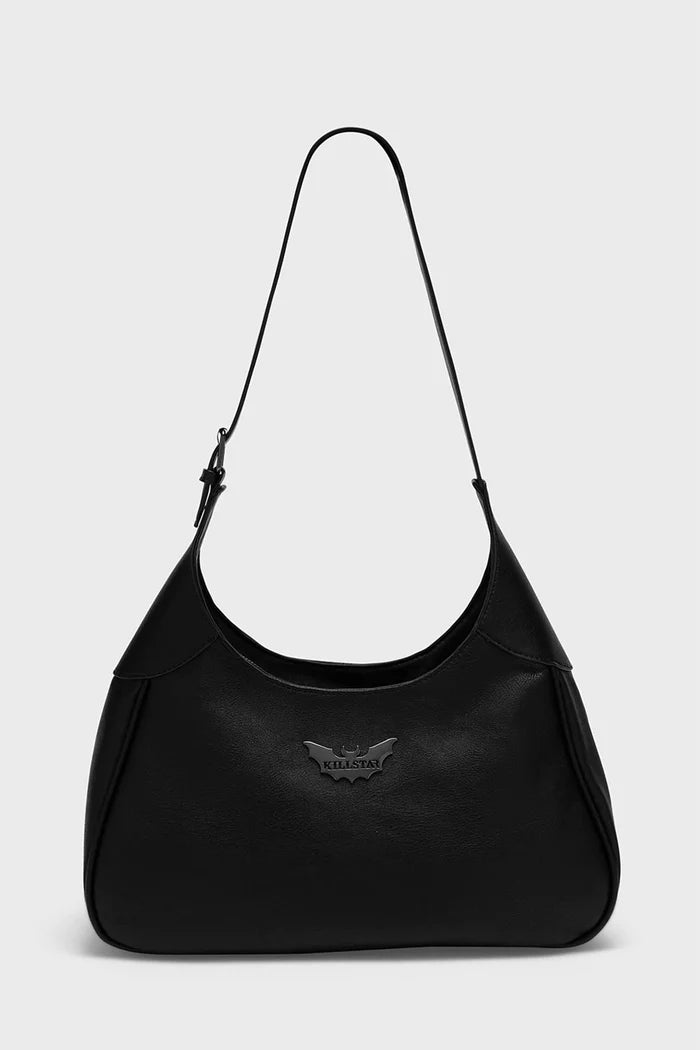 Black shoulder bag with a brand logo on a white background