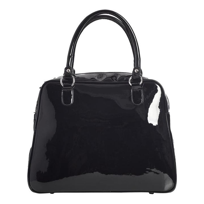 Glossy black vinyl and purple stitched spider webbing, along with contrast purple glitter panel with backseat stitching. Generously sized and can double as an overnight bag, complete with satin leopard liner and signature metal Sourpuss emblem and reinforced studded handles.
