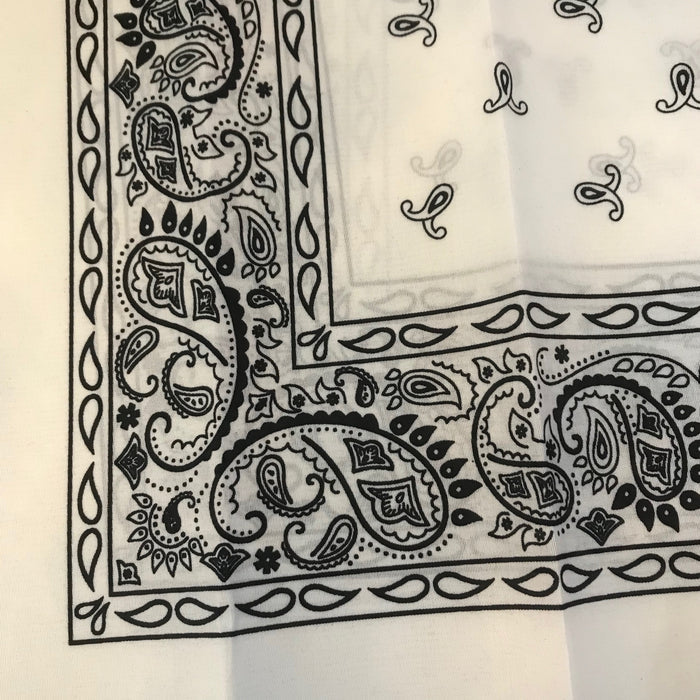 White bandana with black paisley pattern.