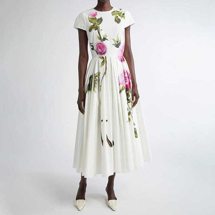 White Pleated Rose-Print Cap Sleeve Midi Dress
