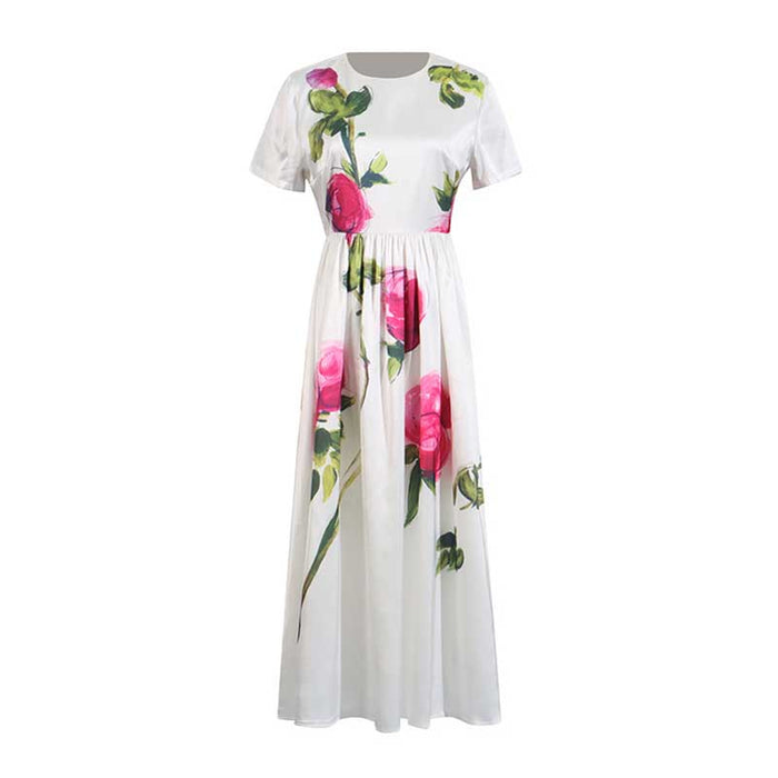 White Pleated Rose-Print Cap Sleeve Midi Dress