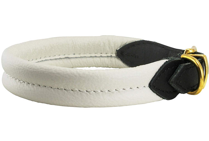 White Soft Genuine Rolled Leather Dog Collar Brass Hardware