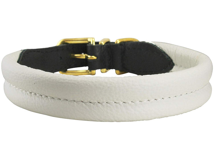 White Soft Genuine Rolled Leather Dog Collar Brass Hardware