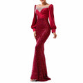 Wine Red Prom Dress Sequined Satin Mermaid Long Sleeve Ball Gown