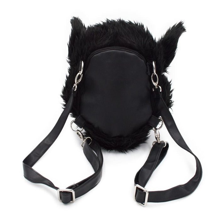 wolfhead plush purse with inverted pentagram on front of head