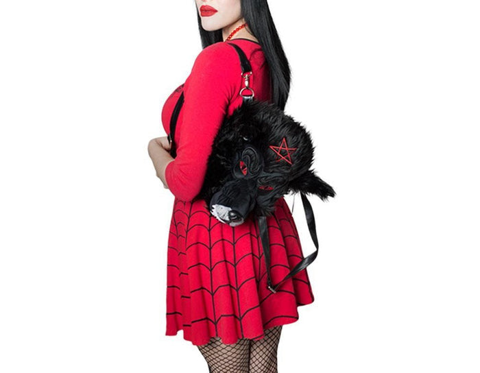 wolfhead plush purse with inverted pentagram on front of head