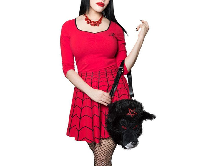 wolfhead plush purse with inverted pentagram on front of head