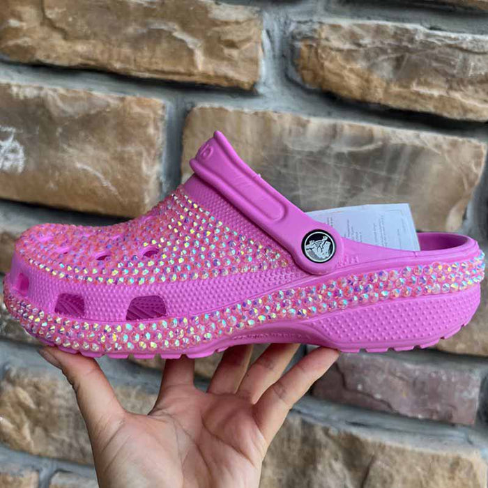 Women Crocs Closed Toe Clog Shoes Rhinestone Beads Mules Slip on Sandals Lilac
