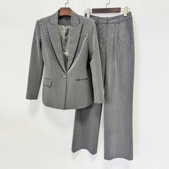 Women Grey Sequin Blazer Set | Sparkly Rhinestone Evening Suit with Wide Leg Pants for Party & Wedding Guest