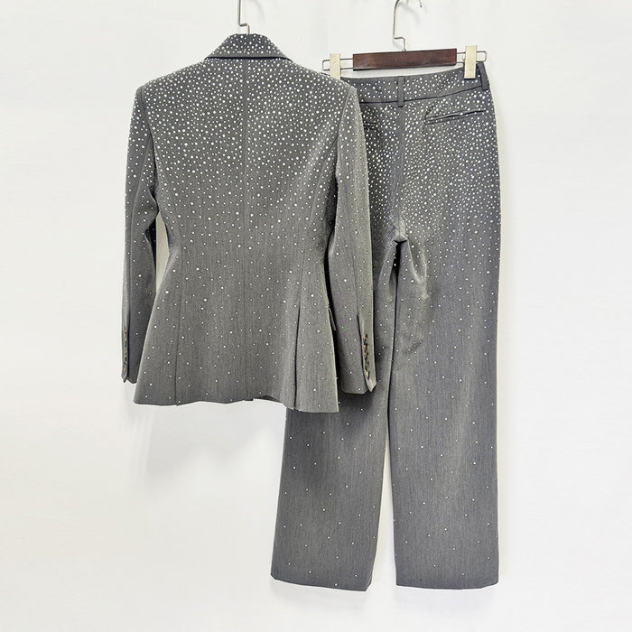 Women Grey Sequin Blazer Set | Sparkly Rhinestone Evening Suit with Wide Leg Pants for Party & Wedding Guest