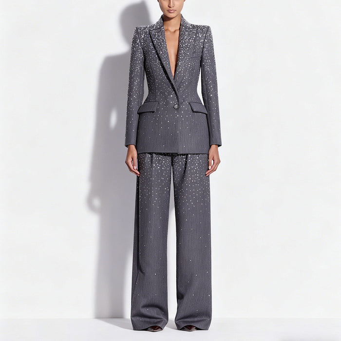 Women Grey Sequin Blazer Set | Sparkly Rhinestone Evening Suit with Wide Leg Pants for Party & Wedding Guest