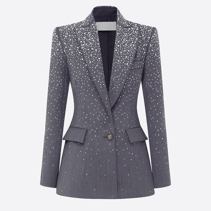 Women Grey Sequin Blazer Set | Sparkly Rhinestone Evening Suit with Wide Leg Pants for Party & Wedding Guest