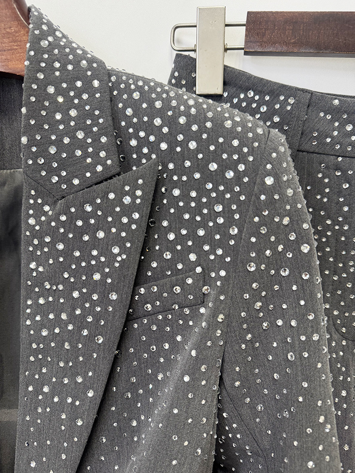 Women Grey Sequin Blazer Set | Sparkly Rhinestone Evening Suit with Wide Leg Pants for Party & Wedding Guest