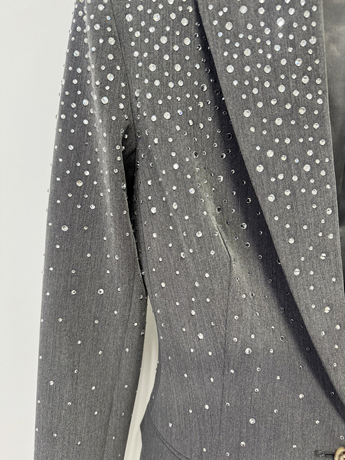 Women Grey Sequin Blazer Set | Sparkly Rhinestone Evening Suit with Wide Leg Pants for Party & Wedding Guest