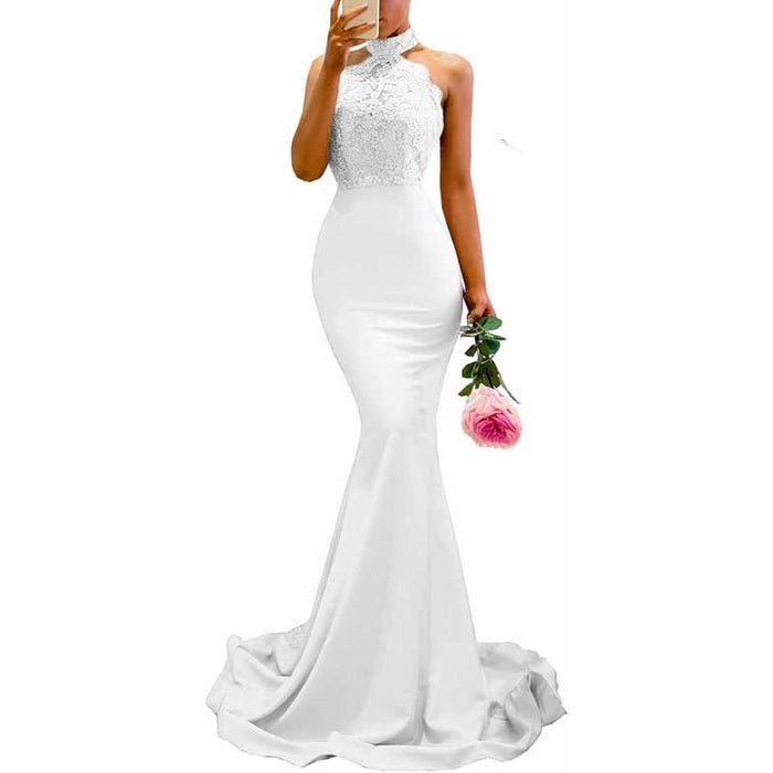 Women Halter-Neck Mermaid Bridesmaid Dress Satin Long Prom Dress Party Ball Gown