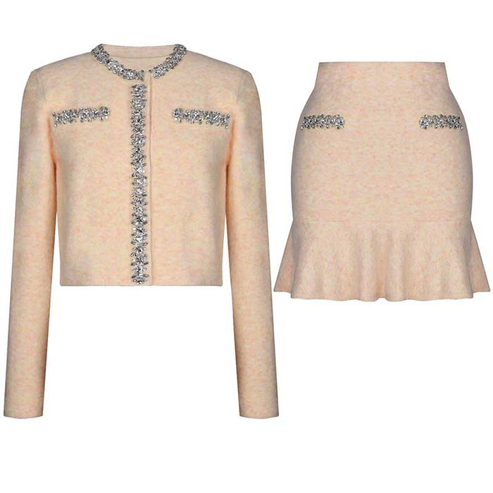 Women Knit Cardigan Jacket + Short Skirt Two Pieces Skirt Suit
