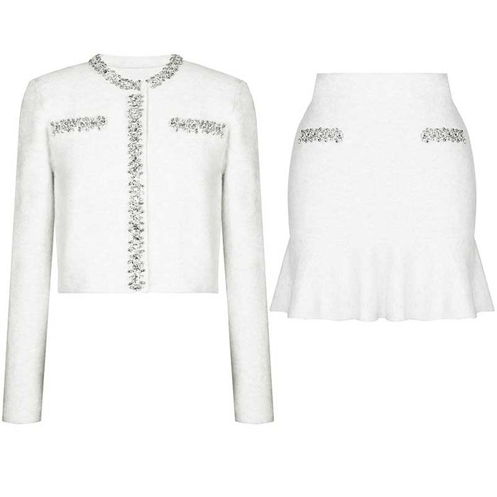 Women Knit Cardigan Jacket + Short Skirt Two Pieces Skirt Suit