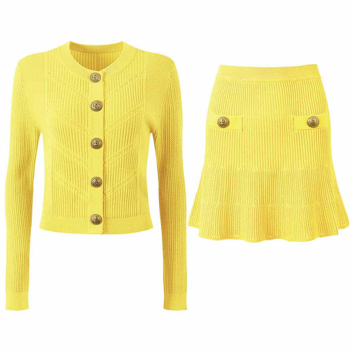 Women Knitted Mini Skirt Suit Button Embellished Two Pieces Set