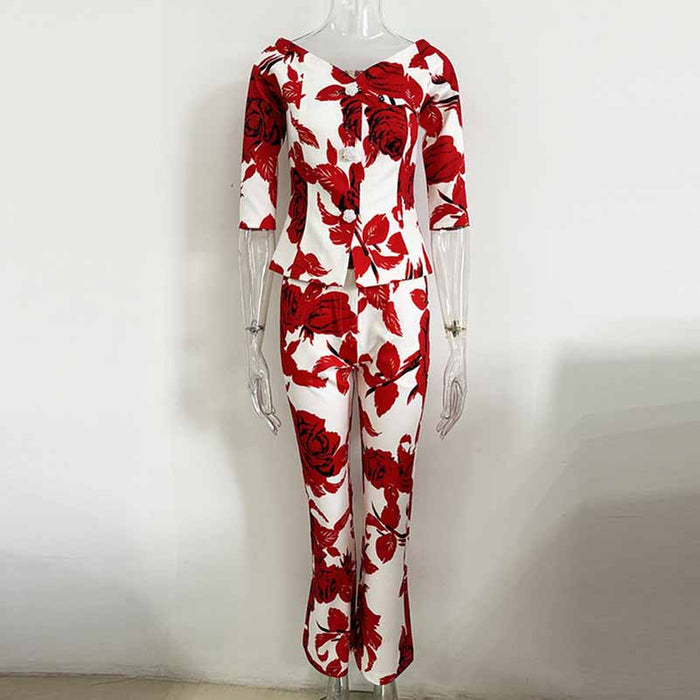 Women One Shoulder Printed Cropped Top and Pants Suit Printing Two Pieces Formal Set