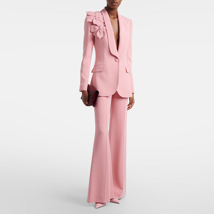 Women Pink Suit Set 3D Flower One Button Blazer Flared Pants Two Piece Outfit
