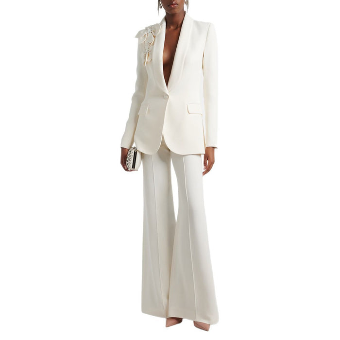 Women Pink Suit Set 3D Flower One Button Blazer Flared Pants Two Piece Outfit