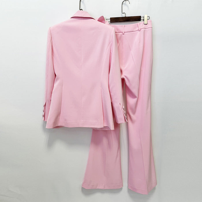 Women Pink Suit Set 3D Flower One Button Blazer Flared Pants Two Piece Outfit