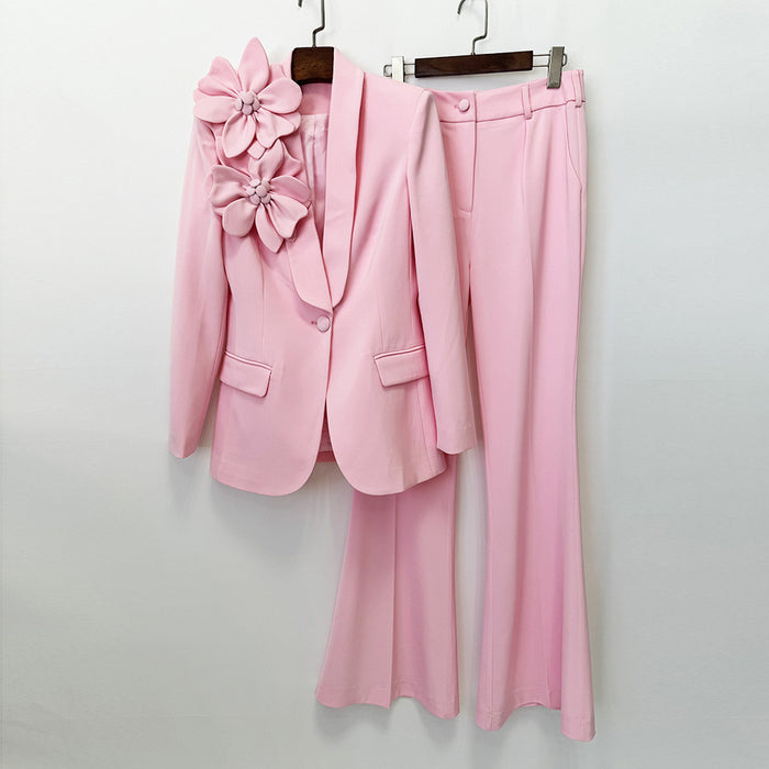 Women Pink Suit Set 3D Flower One Button Blazer Flared Pants Two Piece Outfit
