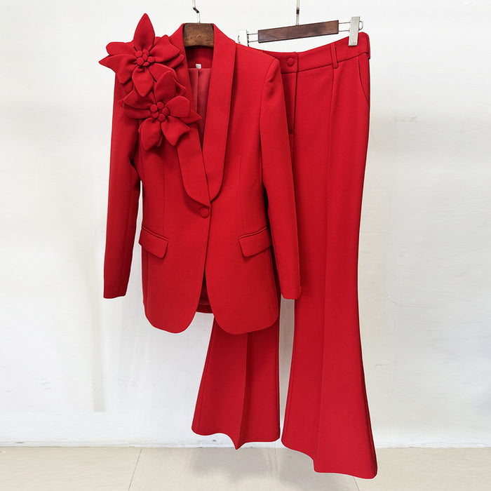 Women Pink Suit Set 3D Flower One Button Blazer Flared Pants Two Piece Outfit