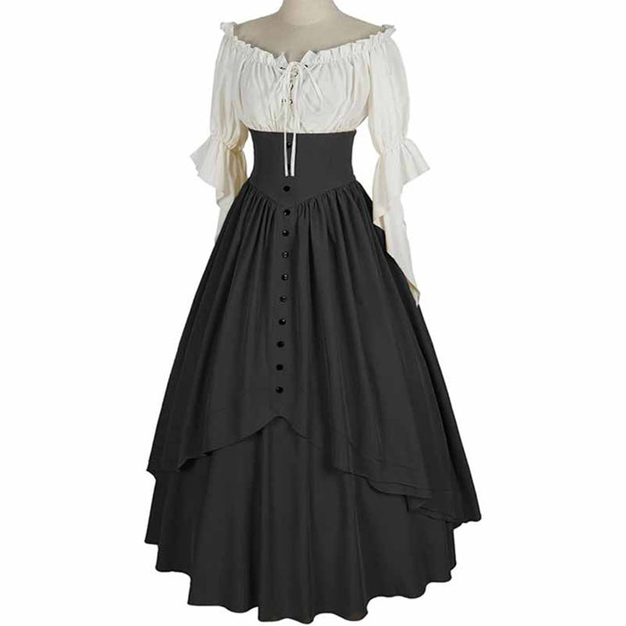Women Renaissance Skirt 2 Pcs Set Vintage Button Skirt with Off Shoulder Shirt